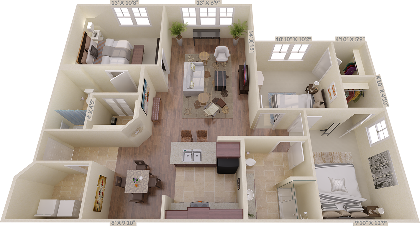Floor plan for 3 beds, 2 baths, 1242 sqft